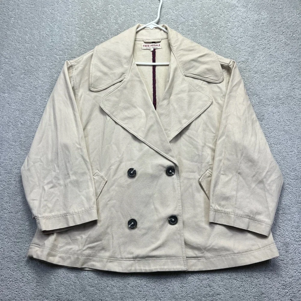 Free People Twill Jacket Womens Large Cream Beige Double Breasted Oversized Boxy